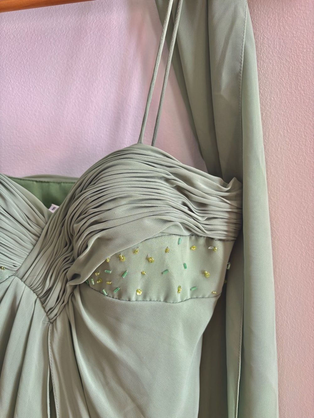 Elegant Sage Green Slip Dress with Draped Bodice - Picture 4 of 7